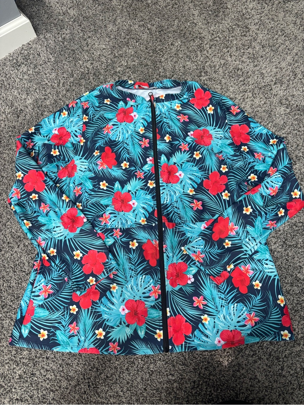 Women’s Tropical Floral Swim Bomber Jacket - Navy with Teal & Red